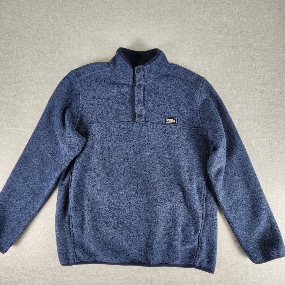 Eddie Bauer Mens M Blue Heathered Sweater Fleece Snap Mock Neck Pullover Pockets